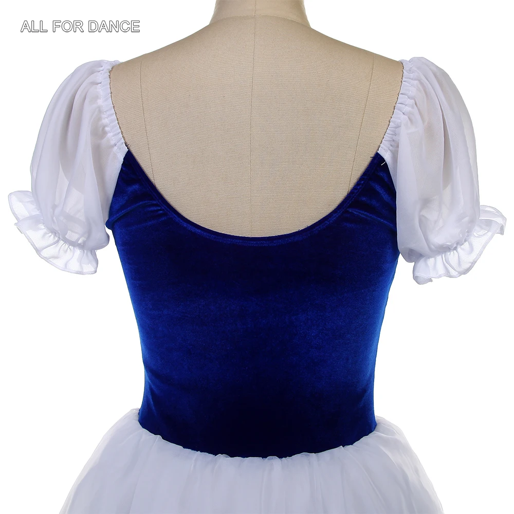 26009 Ballett-Tanzkostüme für Erwachsene, romantisches langes Ballett-Tutu, königsblaues Samt-Oberteil mit weißen weichen Tüll-Tutu-Röcken