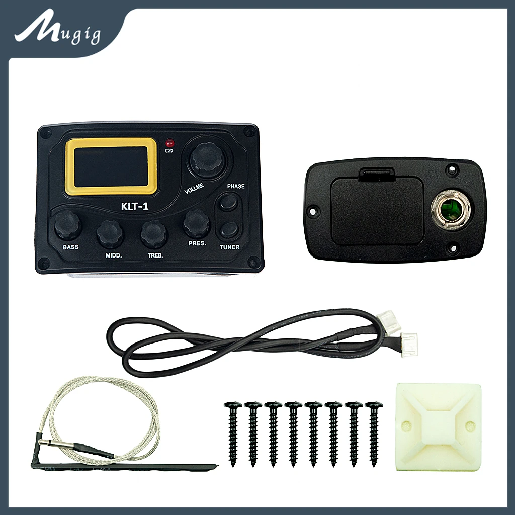 Mugig KLT-1 4 Band Guitar Preamp Piezo Pickup EQ Equalizer guitar EQ W/ Digital Procedding Tuner For Acoustic Guitar