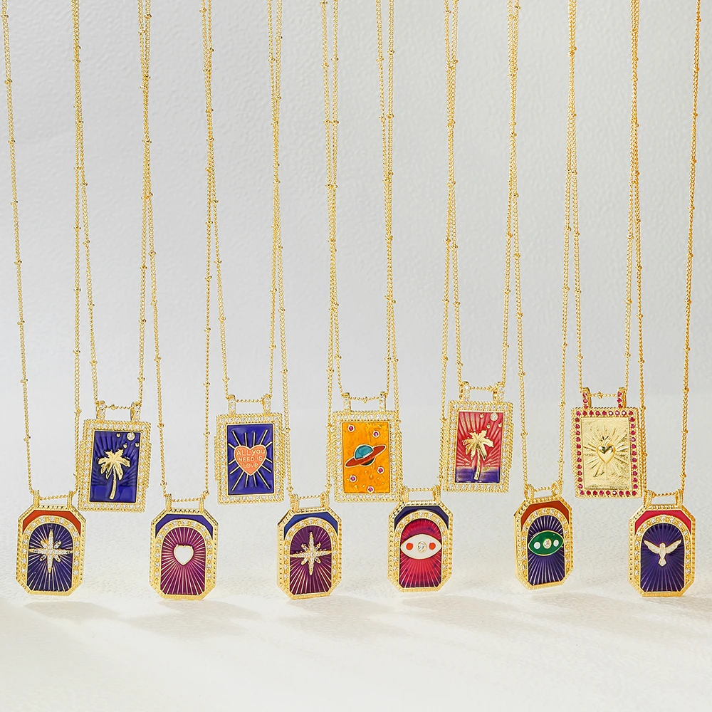 Y2K CZ Copper Square Heart Tarot Card Pendant Necklace for Women Or Men Vintage Link Chain Necklace Jewelry Lovers Gifts Party