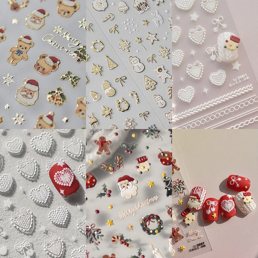 Nail Art Stickers Embossed Metallic Gold Edge Christmas Heart Bear Adhesive Decals Lightweight DIY Manicure Decoration Holiday