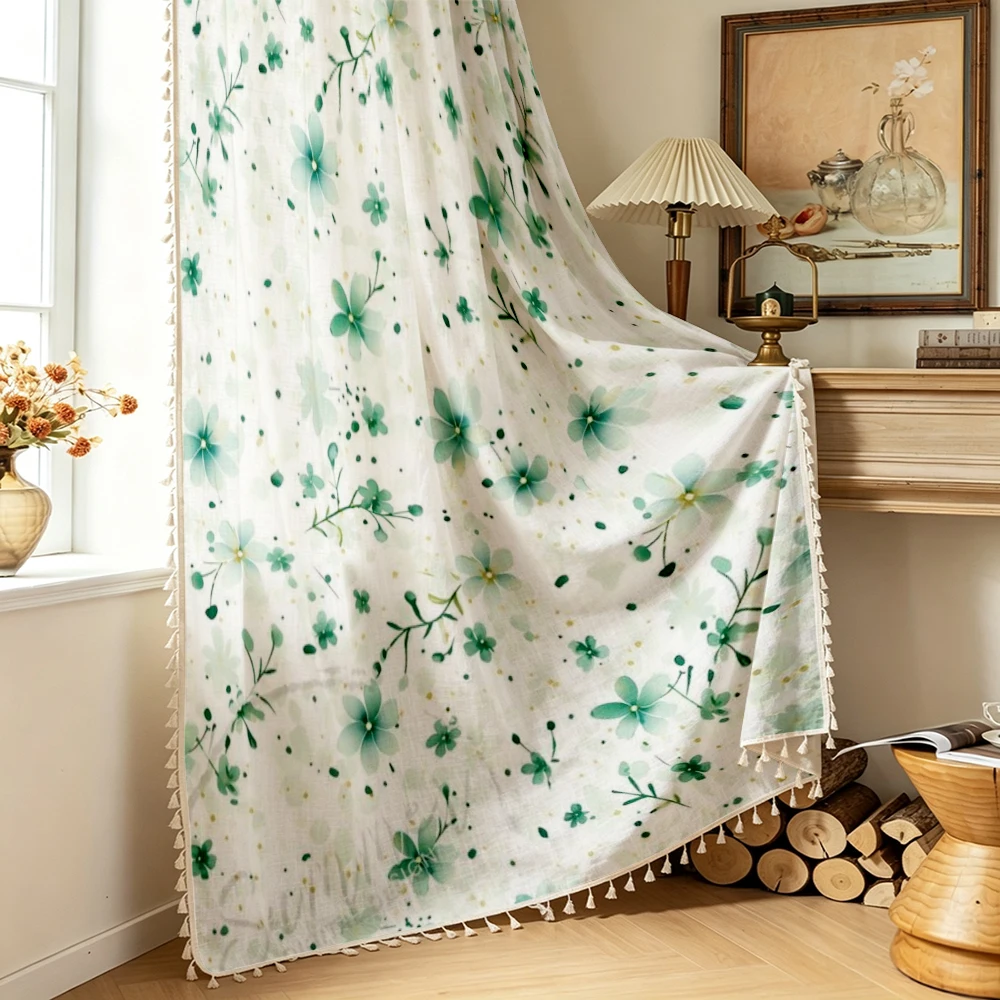 1PC Floral Tassel Sheer Curtains, Green Tiny Flower White, Digital Print, Polyester, Bedroom Living Room Kitchen, Home Decor