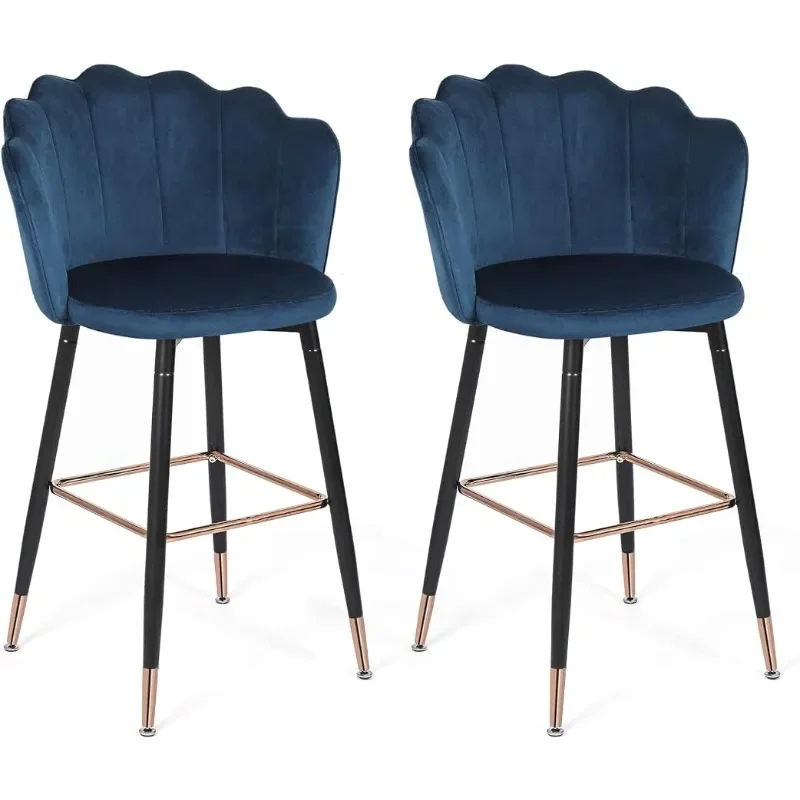 Bar Stool with Backs Modern Accent Chairs,Upholstered Kitchen Stools  Footrest for Cafe, Pub, Set of 2, Blue