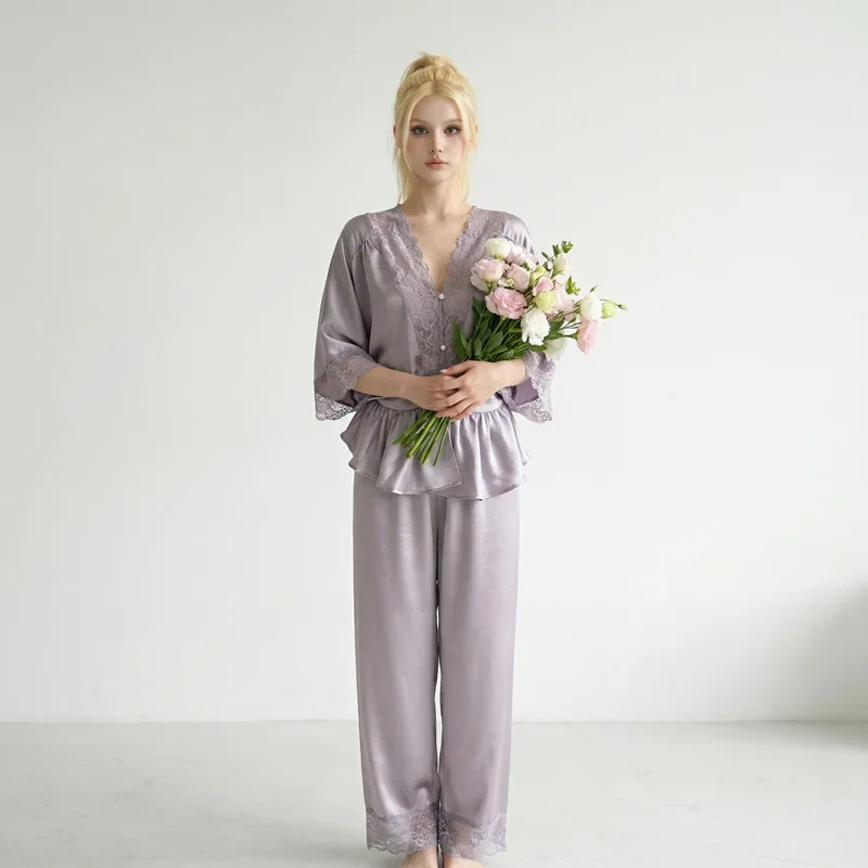 26 Spring Summer Sexy Elegant Ice Silk Pajamas 2piece Set Women Lace Long-sleeve Pants V-neck Luxury Nightgown Sleepwear