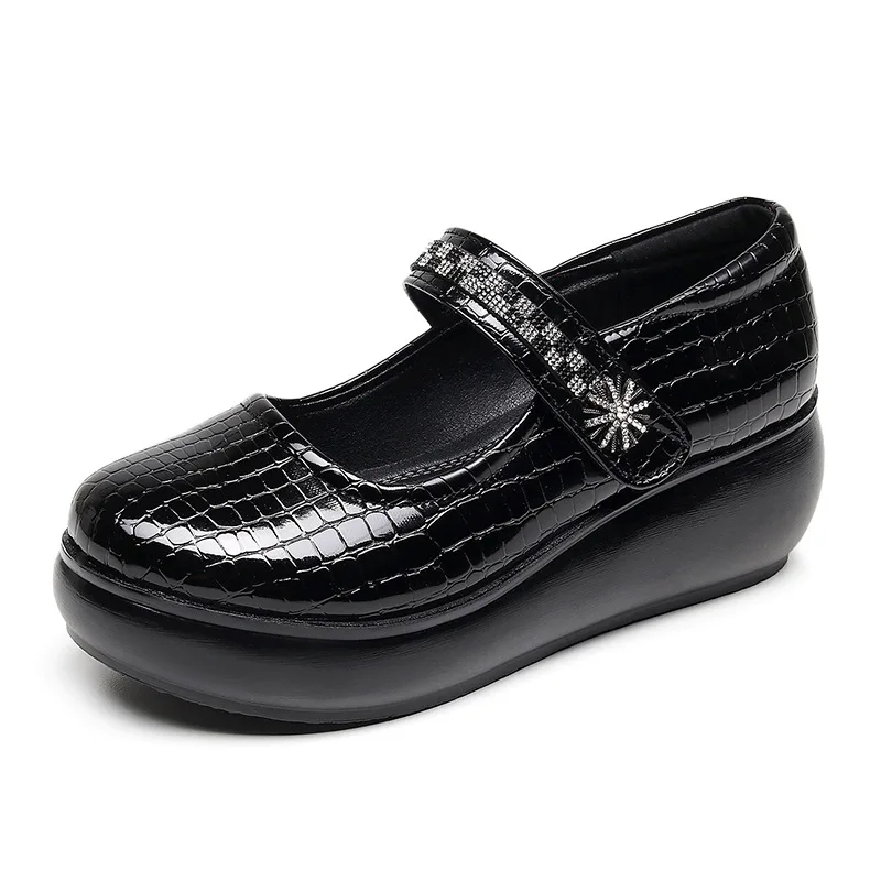 scarpa con zeppa in pelle di alta qualità da donna con tacco medio da 6 cm e punta tonda 32 33 43 scarpa elegante e alla moda nera