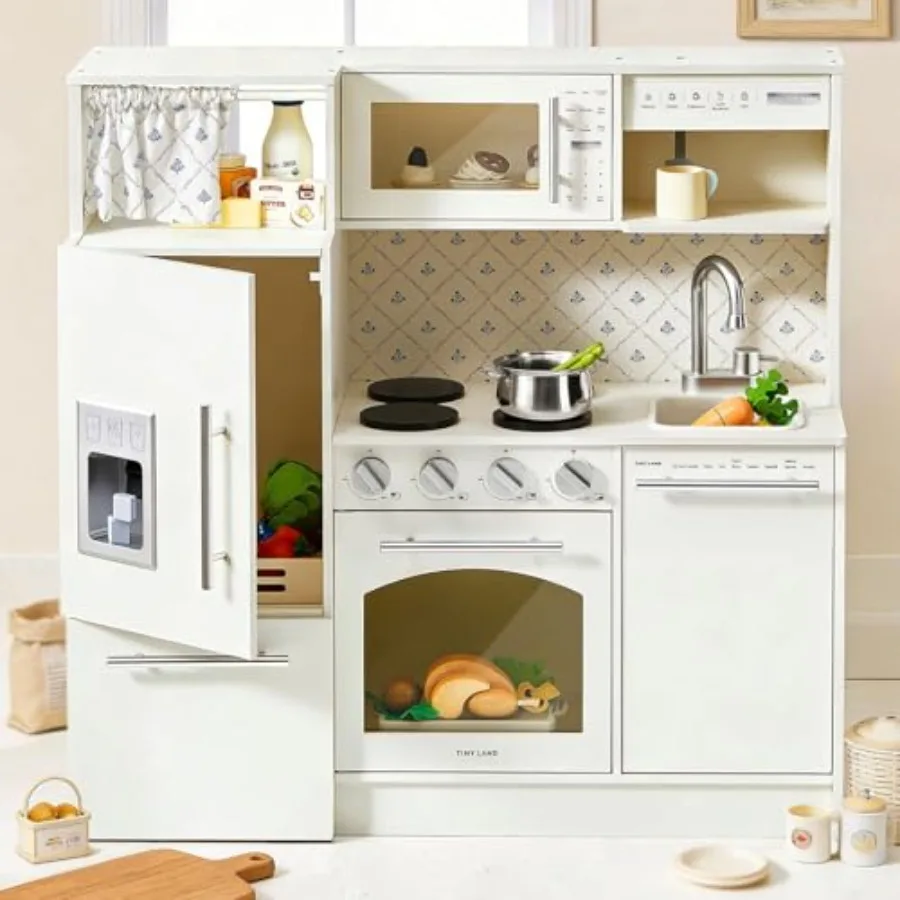 

Play Kitchen for:Upgraded Wooden Kitchen Toy in Natural Wood Finish with Sink, Stove, Microwave, Coffee Station Storage Ideal f