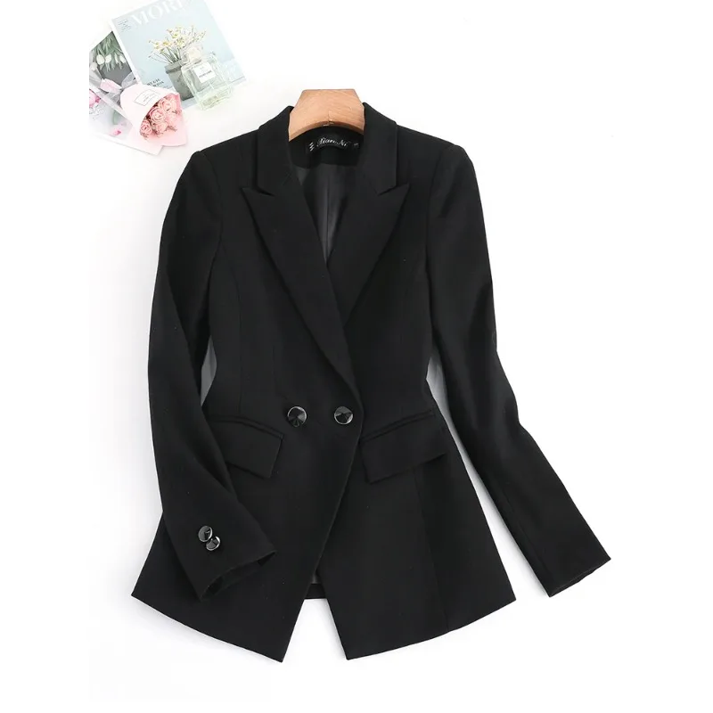 Blazer à rayures noires et bleues pour femme, veste à manches longues, manteau formel à simple boutonnage