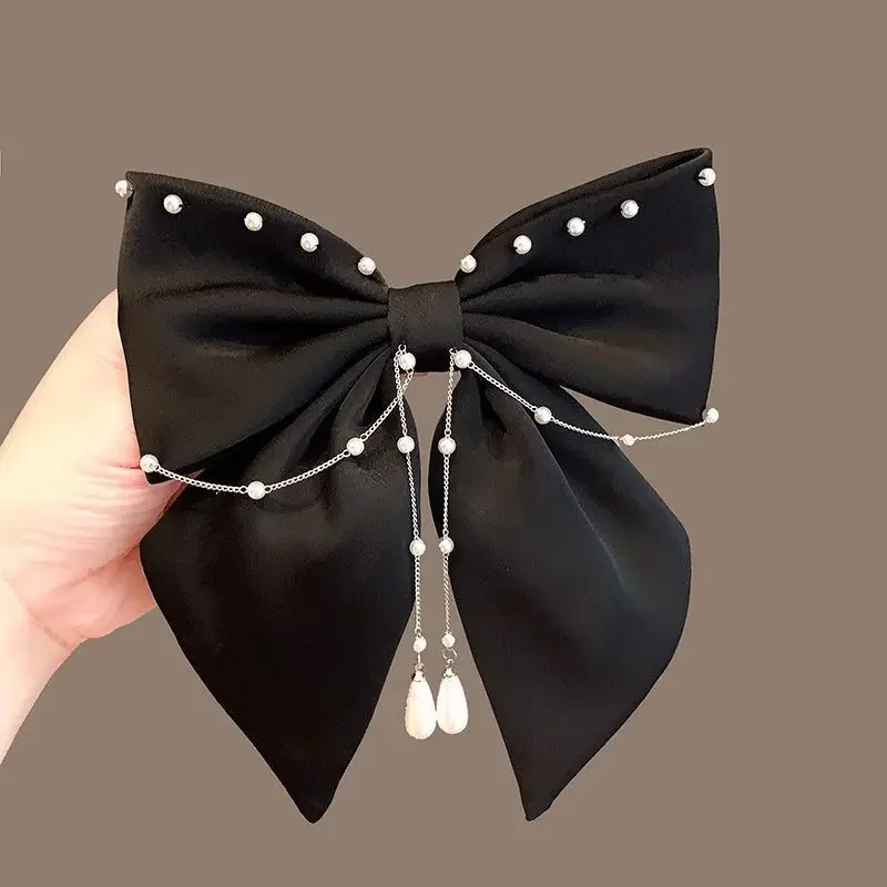 Fashion Fabric Big Bow Hairpins Pearl Tassel Hair Clips Ponytail Barrettes Heawear Korean Headpiece Girls Hair Accessories