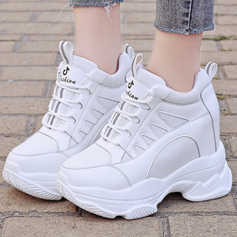 Women White Wedges Platform Sneakers Breathable Thick Bottom Lace Up Ladies Sports Shoes Running Trainers Sapatilhas Femeninas