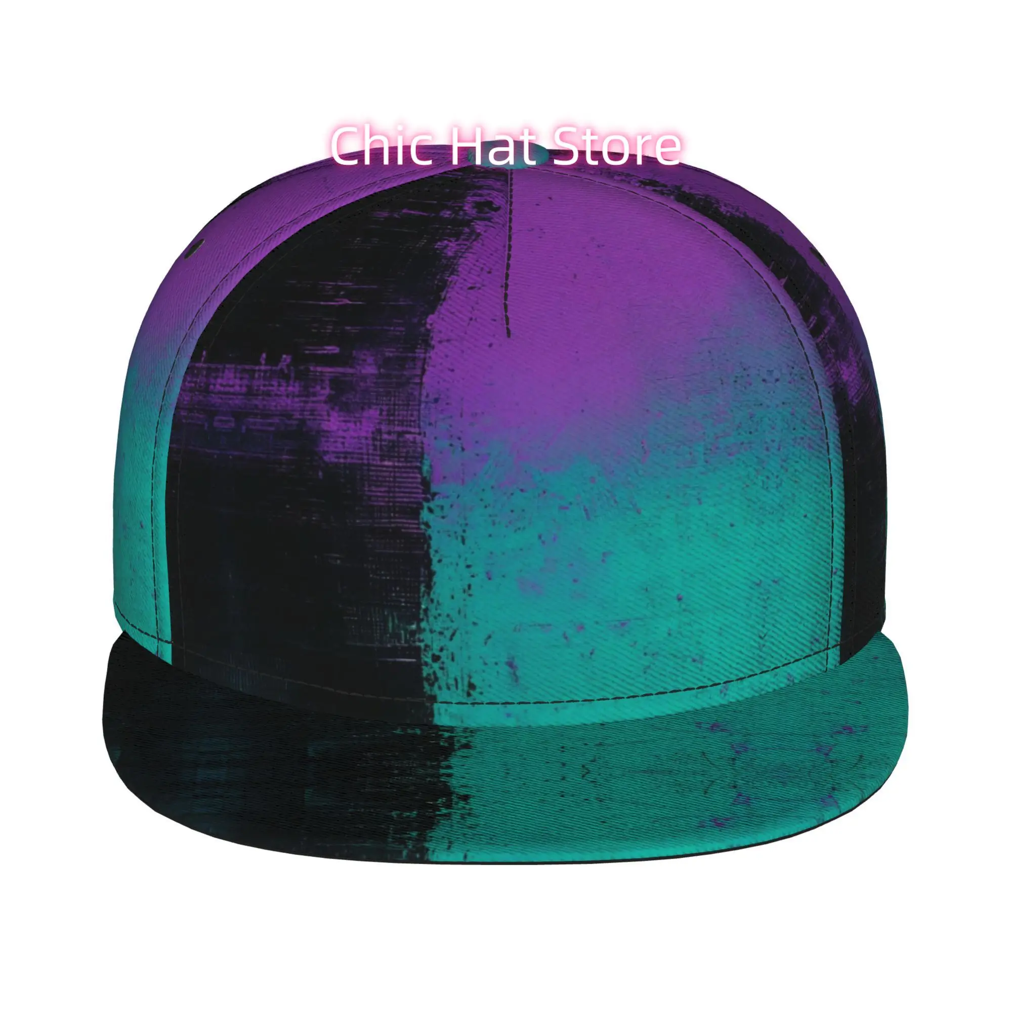 1pc Black, Purple & Teal Grunge Split Fully Printed Hip-hop Caps, Baseball Caps, Stylish Flat-brimmed Baseball Caps, Trucker Cap