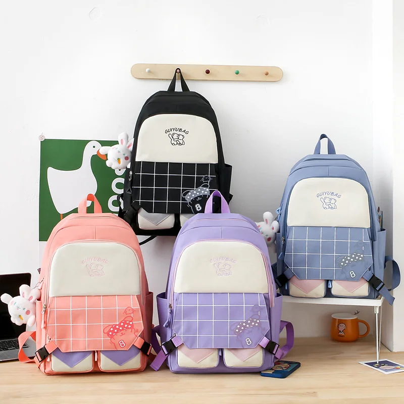 Mochila escolar a cuadros para niños, bolsos kawaii para niños, bolso de mano para niñas, juego de lápices, blanco y negro, 6 piezas por juego