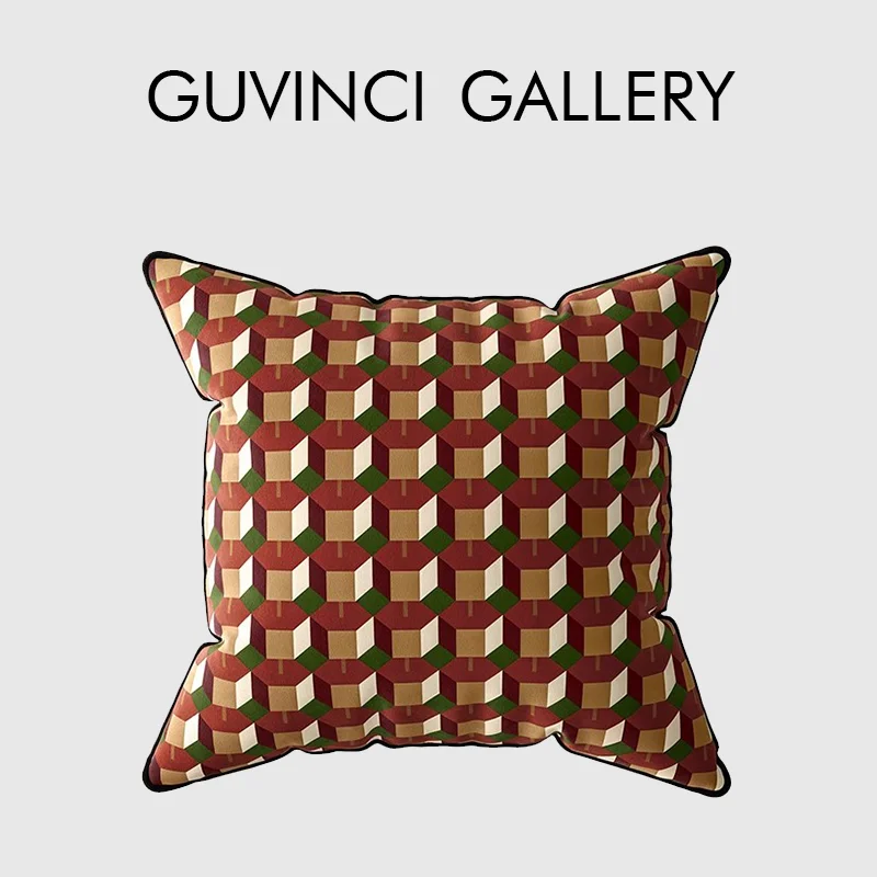 GUVINCI Spanish Designer Brown Orange Geometric Print Cushion Cover Modern Retro Decorative Pillow Case For Villa Hotel Office