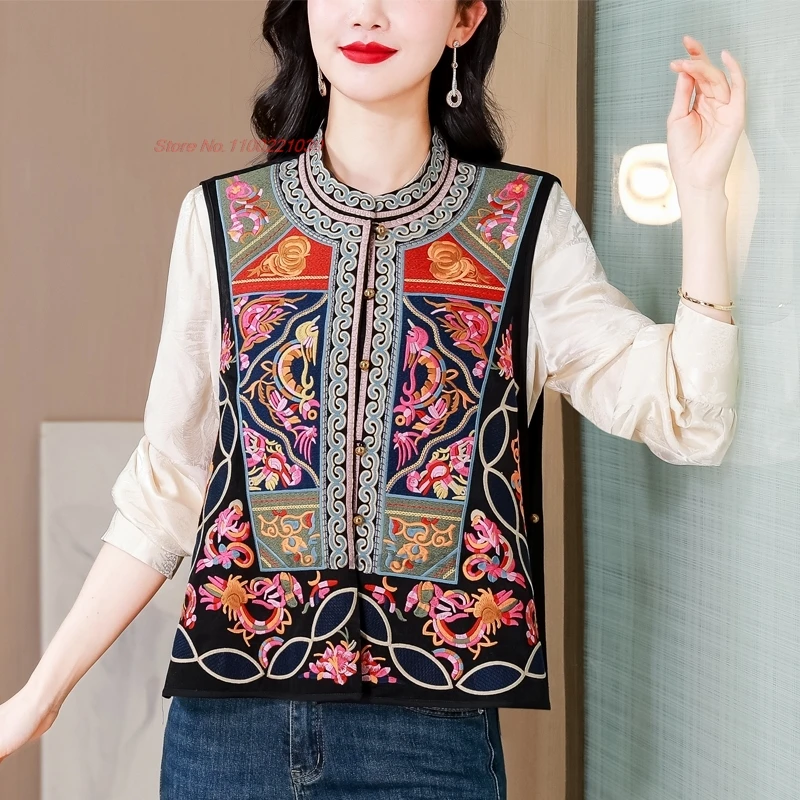 

2025 китайский винтажный атласный жаккардовый жилет с воротником-стойкой, народный жилет с национальной цветочной вышивкой, куртка без рукавов, ретро топы ханьфу