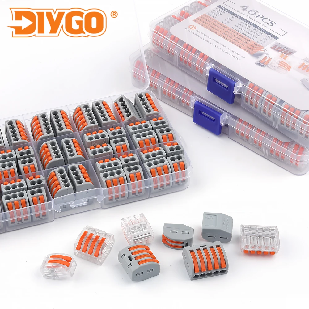 

46PCS/Box Quick Cable Wire Connector Kit 2/3/4/5 Port Push in Universal Compact Splice Terminal Blocks Grey/Transparent AWG28-12