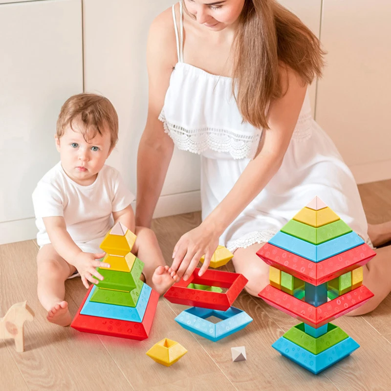 Colored Pyramid Building Blocks Set Stacking Toys Geometry 3D Blocks Children Early Education Toy Birthday Gift