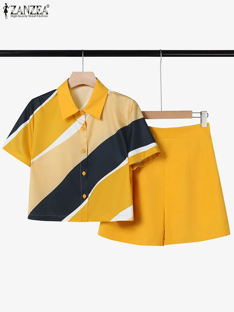 

ZANZEA Elastic Waist Shorts Color-Blocked Short Sleeve Shirts 2 Piec Sets Commute Casual Fashion Womens 2 PCS Outfits Short Sets