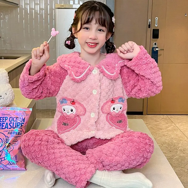 

Sanrio Kuromi, удобная одежда для сна, детские пижамы My Melody, осенне-зимний утепленный фланелевой комплект домашней одежды с героями мультфильмов для девочек