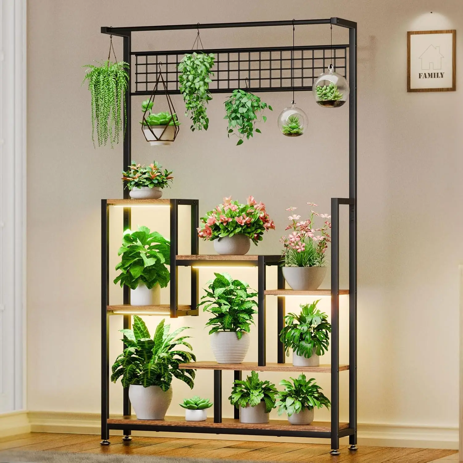 

Tall Plant Stand Indoor with Grow Lights, 6 Tiered Large Plant Shelf, Corner Metal Display Rack,Square Lighted Flower Holder·New