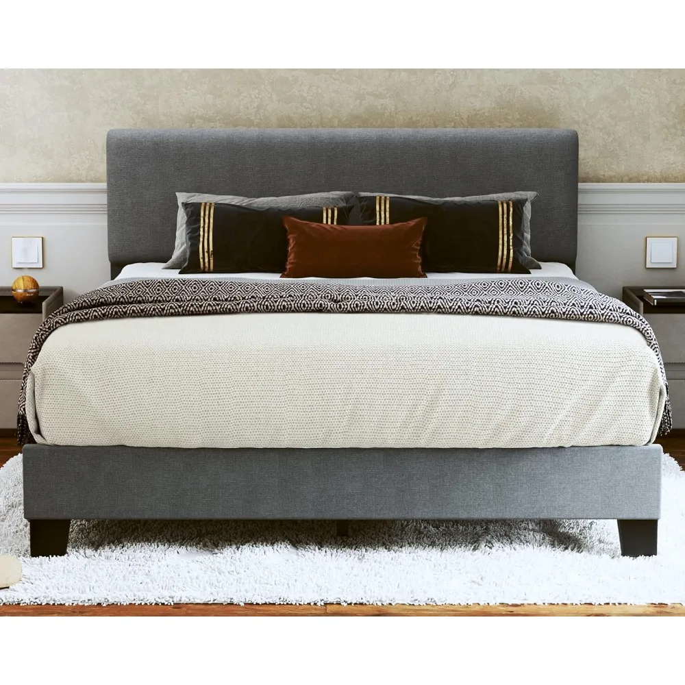 

Queen Bed Frame Upholstered Bed Frame Platform with Adjustable Headboard Linen Fabric Headboard Wooden Slats Support/No Box Spri