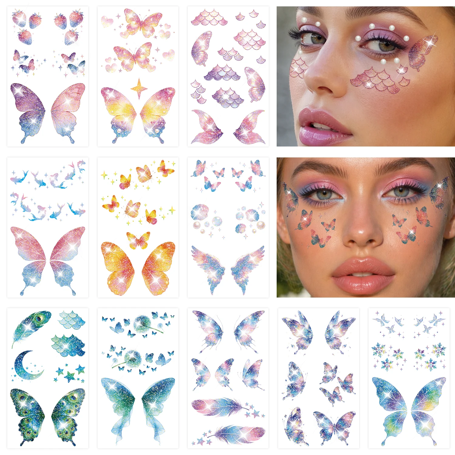 

12 Sheets Glitter Butterfly Temporary Tattoos Sticker for Women Girls Eye Face Makeup Decoration, Flash Fairy Body Art Shiny But