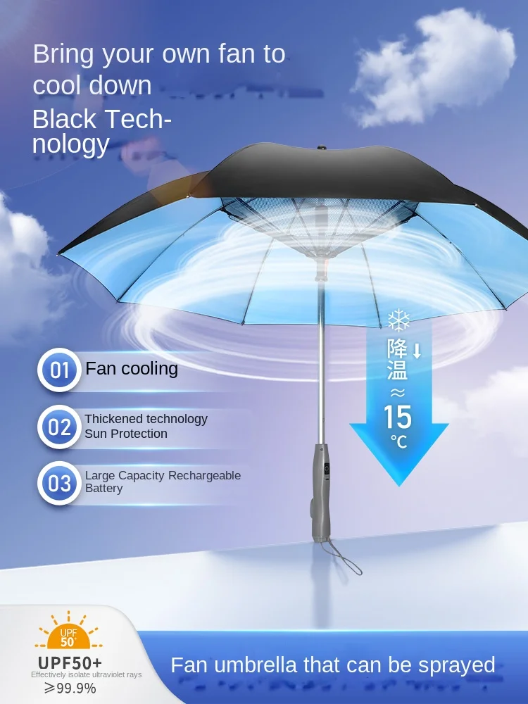 German Black Technology fan umbrella The umbrella with its own fan Anti ultraviolet spray will rain and sunscreen umbrella