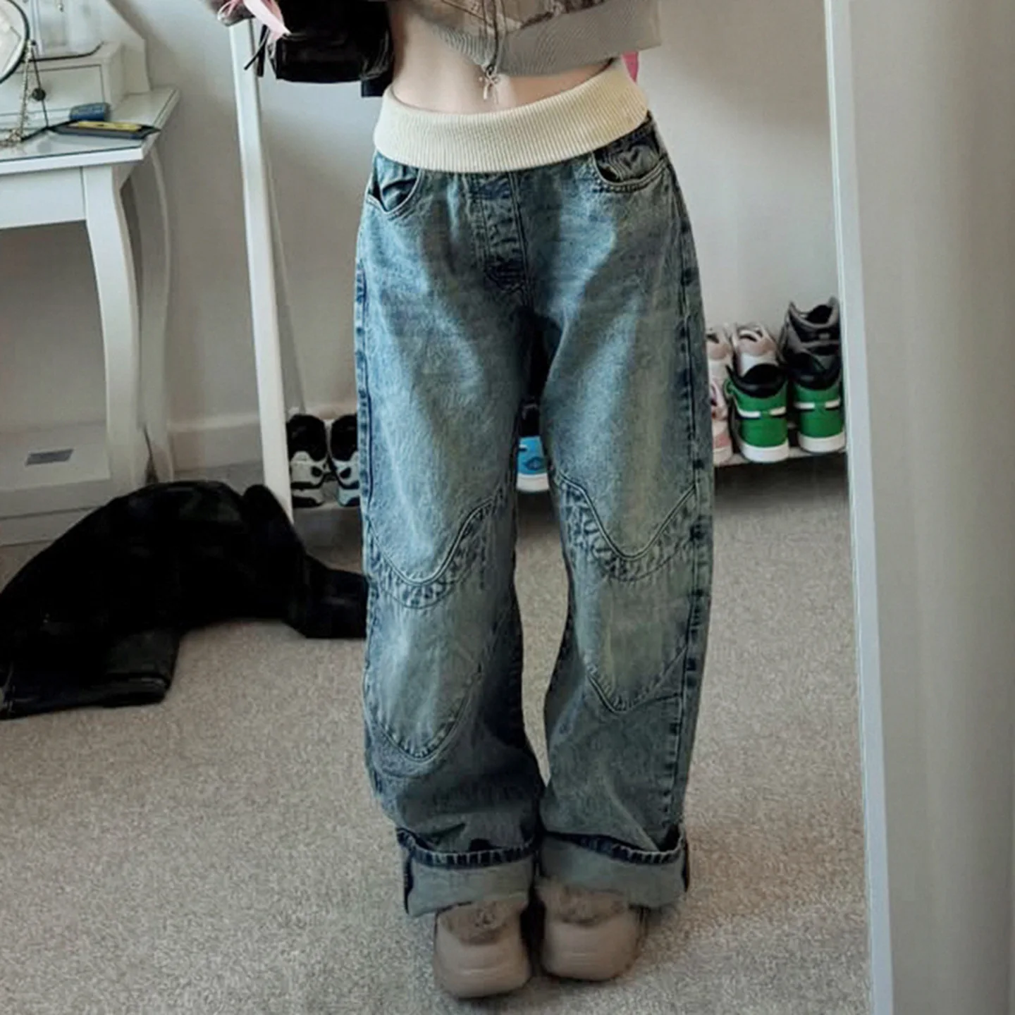 Y2K Contrast Jeans Threaded Splicing Washed Slimming Loose Casual for American Women Street Style