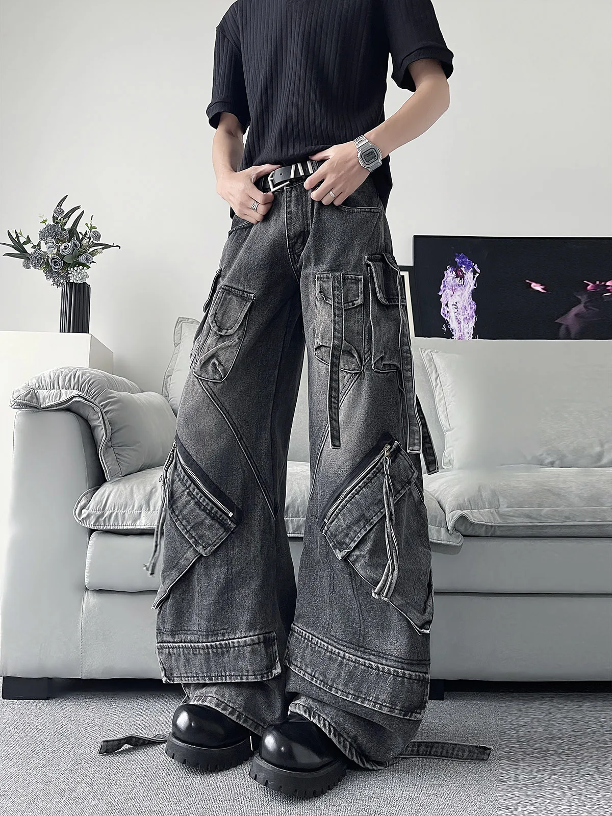 Heavy Duty Washed Multi Pocket Knife Jeans Men Loose Vintage Teenager Wide Leg Straight Long Pants Casual Summer Denim Jeans