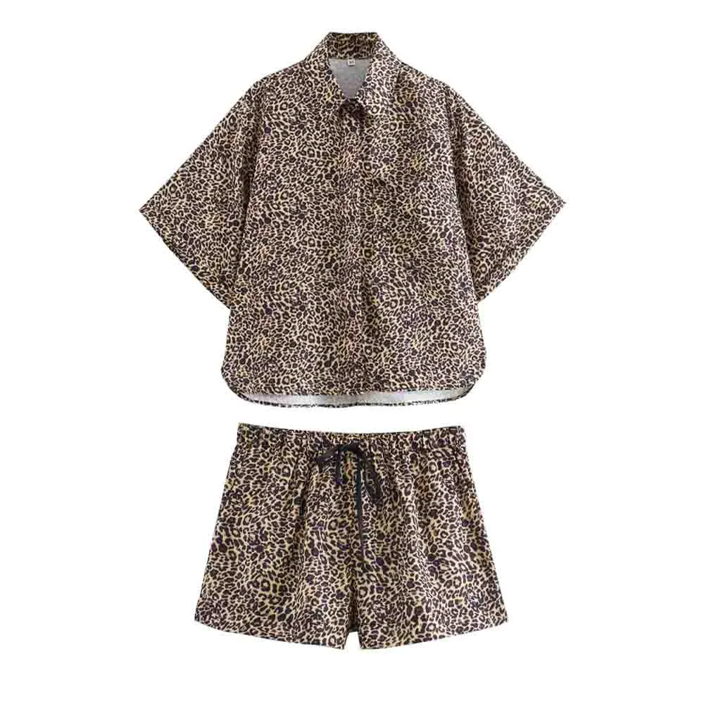 PB&ZA2024 Summer New Product Casual Women's Fashion Animal Pattern Printed Flip Collar Shirt Elastic Waist Shorts Set