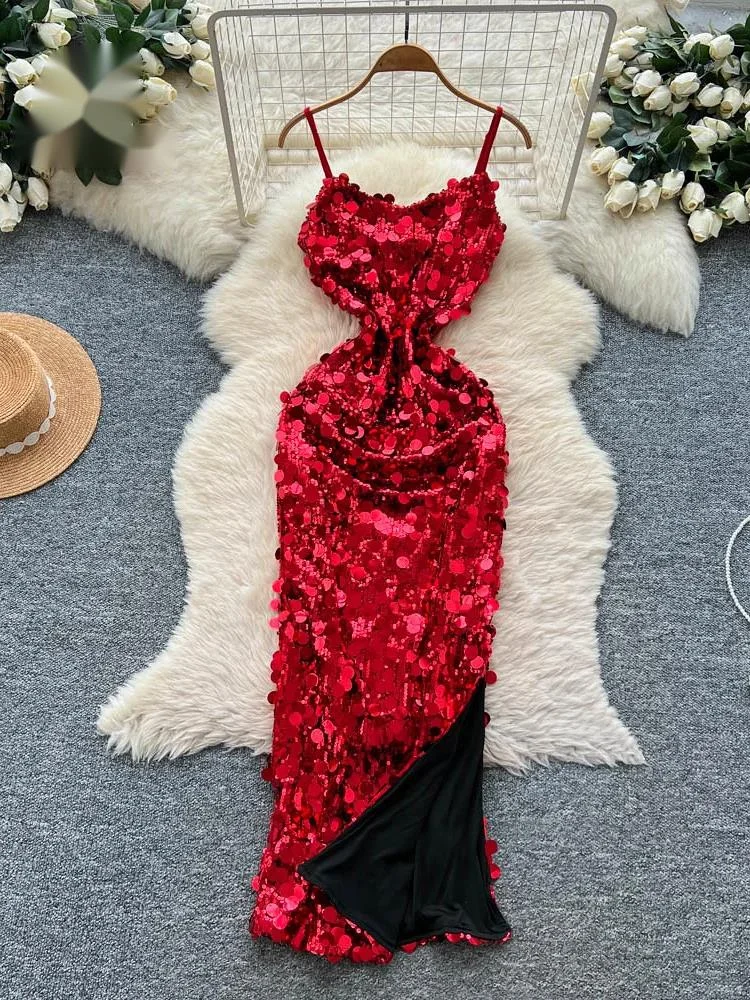 

Платья с пайетками и разрезом по бокам для женщин, облегающие, в стиле знаменитостей, гламурные, для коктейльных вечеринок, новогодние блестящие платья-комбинации