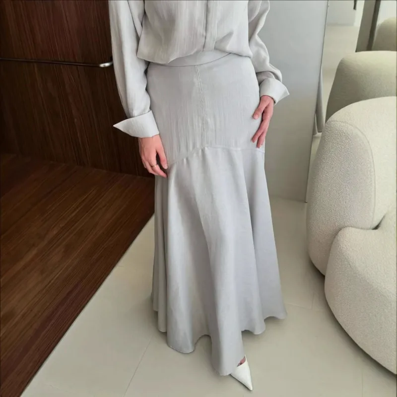 BJTZ Fashionable Loose Long Sleeved Shirt Slim Fit Skirt Two-piece Set For Women 2025 Spring Summer New Casual Solid Color Sets image 4