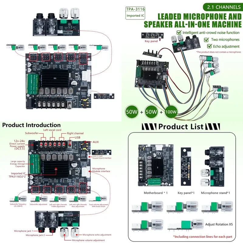 ZK-MT21S 50W * 2 + 100W amplifier board 2.1 channel TPA3116D2 with dual microphone echo subwoofer output