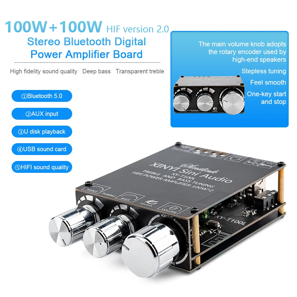 T100L BT 5.0 Stereo Digital Power Amplifier Board Module With Preamp Treble And Bass Adjustment 100Wx2