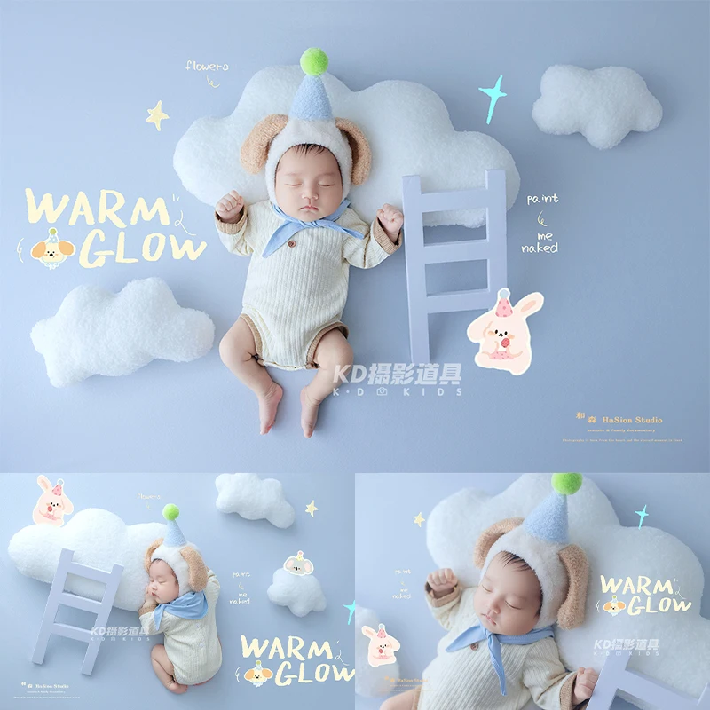 

0-1Month Newborn Photography Outfit Beige Romper with Dog Ear Hat & Scarf, Cute Infant Photo Shoot Set with Cloud & Ladder Props