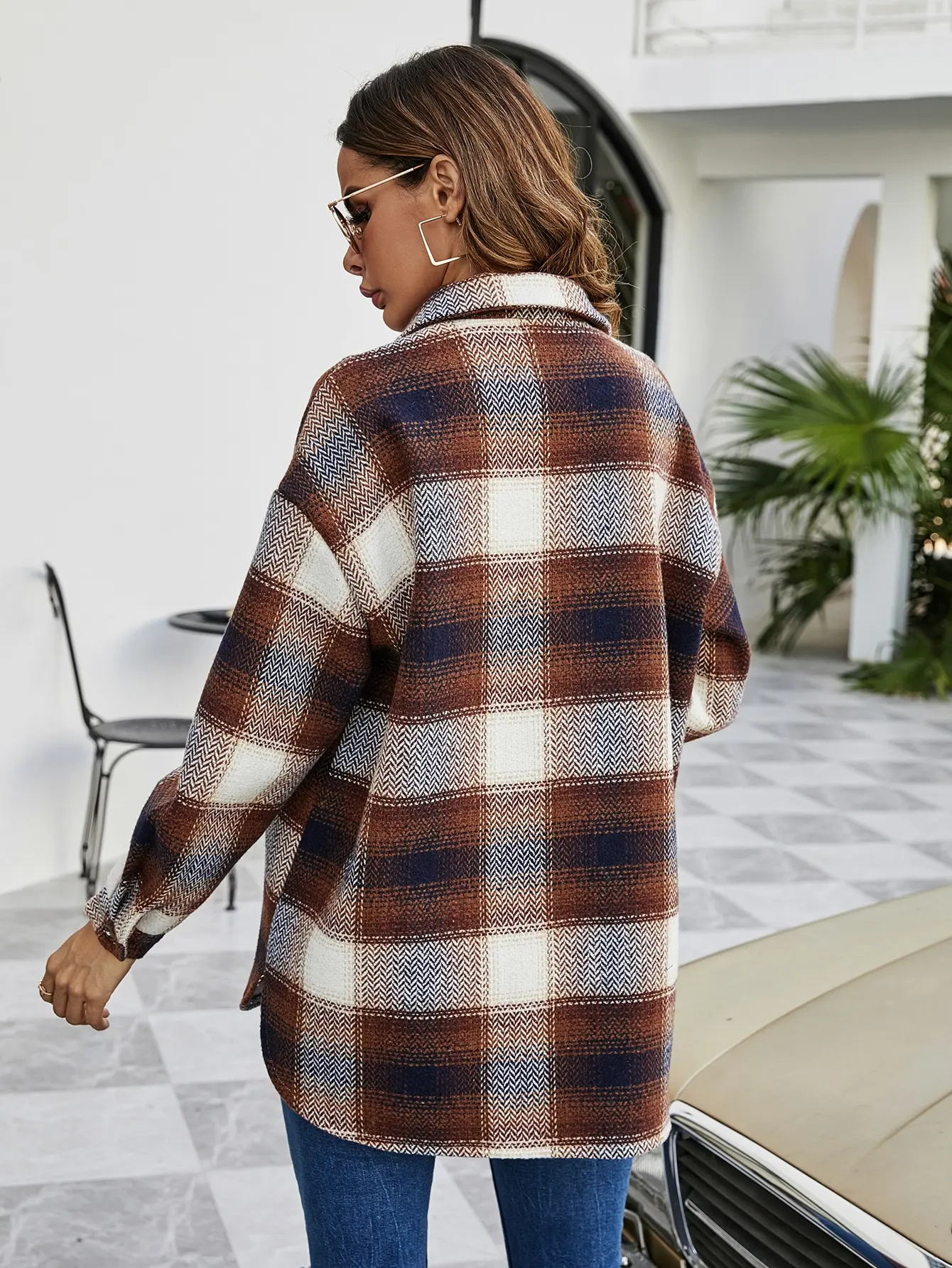 Women Vintage Plaid Lapel Shacket Jacket, Loose Long‑Sleeve Thick Flannel Shirt Coat Casual Autumn Winter Outerwear