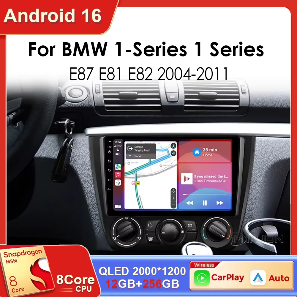 Radio para coche Android 16 para BMW Serie 1 E81 E82 E87 E88 2004 - 2011 Reproductor multimedia Carplay Reproductor de vídeo Serero Auto No 2Din DVD QLED