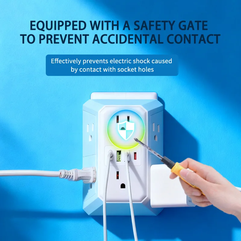 10 in 1 power board with 2 USB sockets, 2 Type-C sockets, and 6 AC sockets, multi socket wall plug, suitable for office use