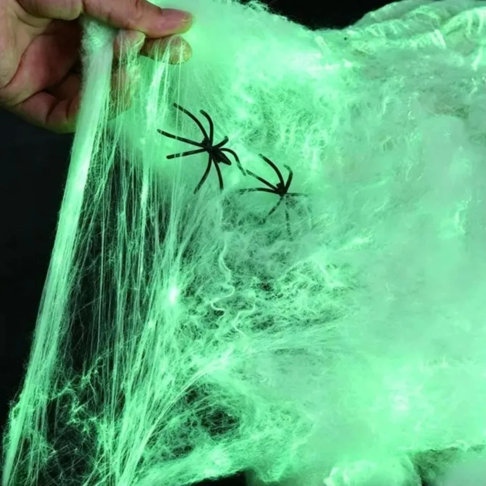 Glow in Dark Spider Web Halloween Decor Stretchy Cotton Cobweb with Fake Spiders Reusable Haunted House Party Atmosphere Decor