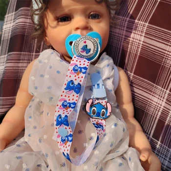 [브랜드] LILO 스티치 블루 세트, 탄성 디즈니 브랜드 헤어밴드 터번, 탄성 어린이 씹는 젖꼭지 클립 홀더 액세서리 