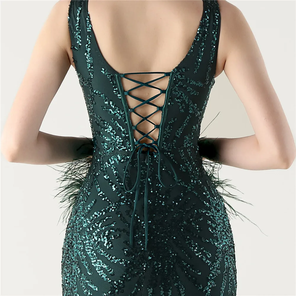 YUANSUO Women's Luxury Sequin Evening Dress with Feathers Elegant Mermaid Formal Prom Party Occasion Beading Gown