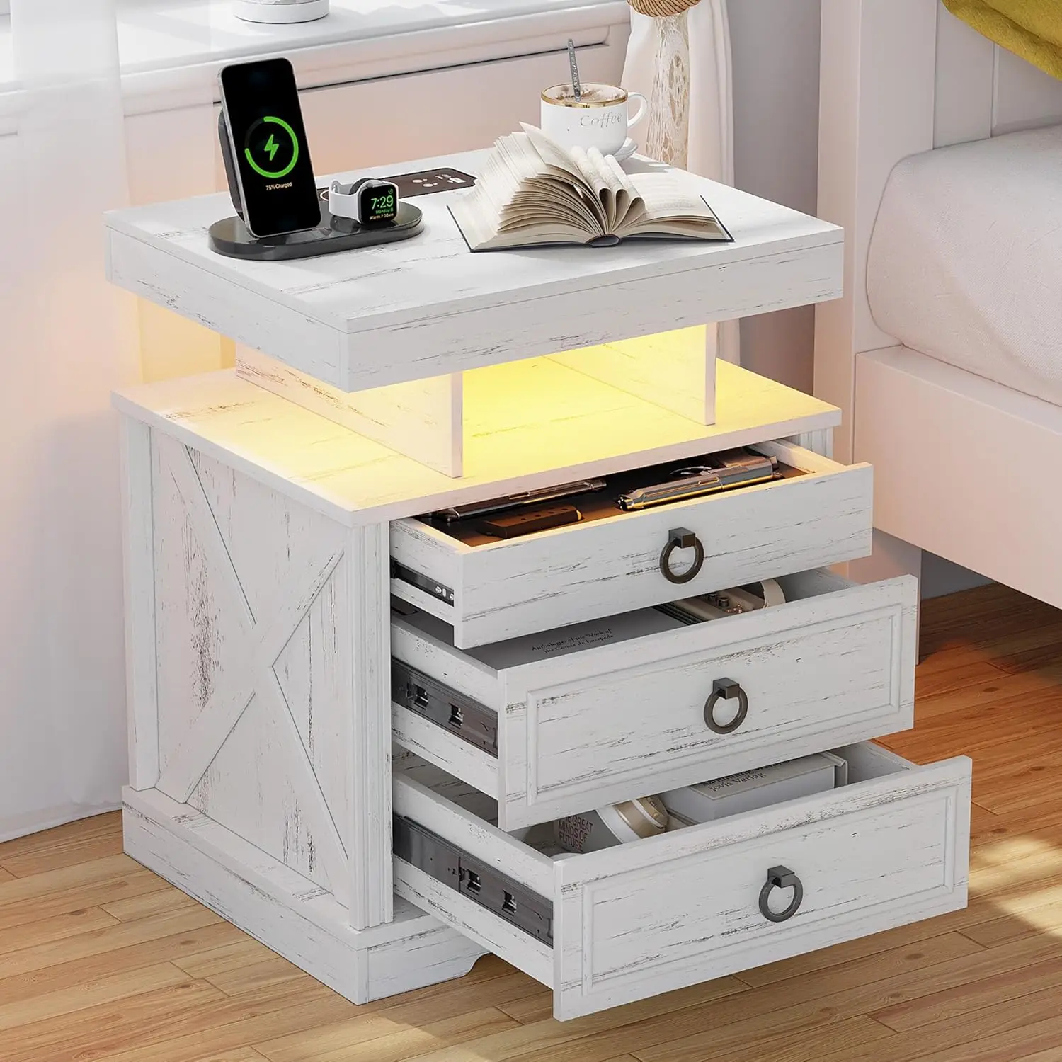 Henbc Nightstand With Gun Drawers, Led Night Stand With Charging Station, Smart End Table With 3 Colors Human Sensor Lights For