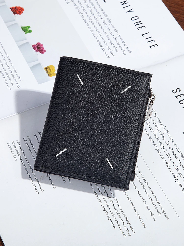 Ultra-Thin Short Leather Wallet Multi-Card Slot Top Layer Cowhide Student Friendly Simple Design Currency Clip Zero Pocket