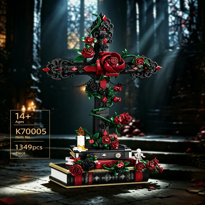 

Red rose building block set, 1,349-piece dark-style building block model with book-shaped base, creative desktop ornament and ad