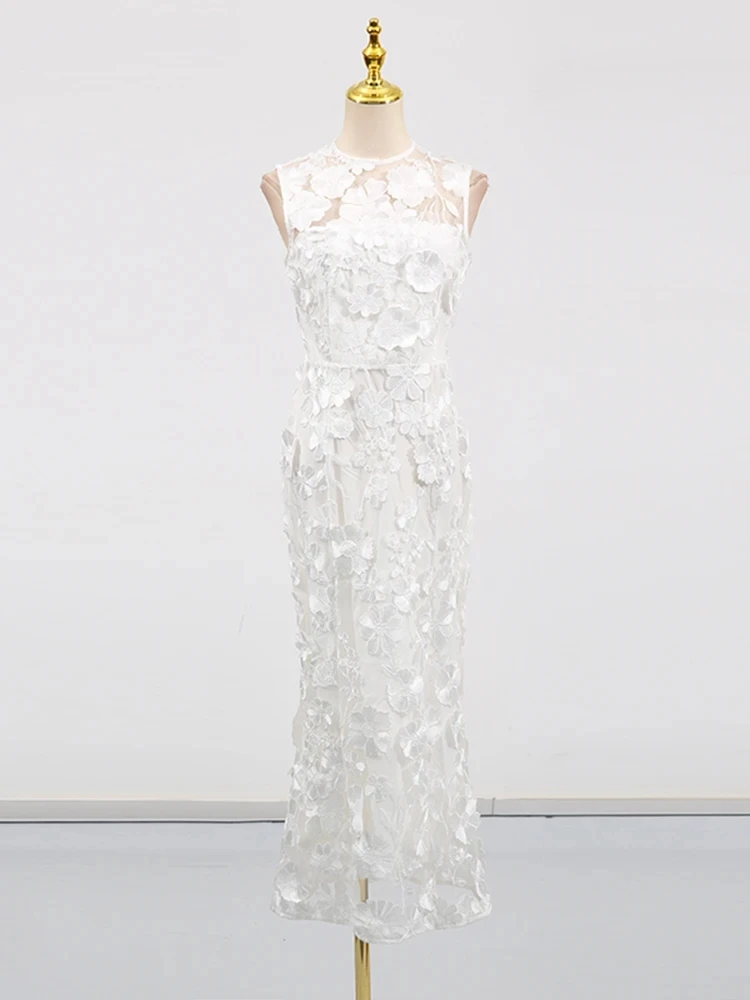 CHICEVER Solido Elegante Impiombato Appliques Abiti per Le Donne Girocollo Senza Maniche A Vita Alta Sheer Temperamento Abito Femminile Nuovo