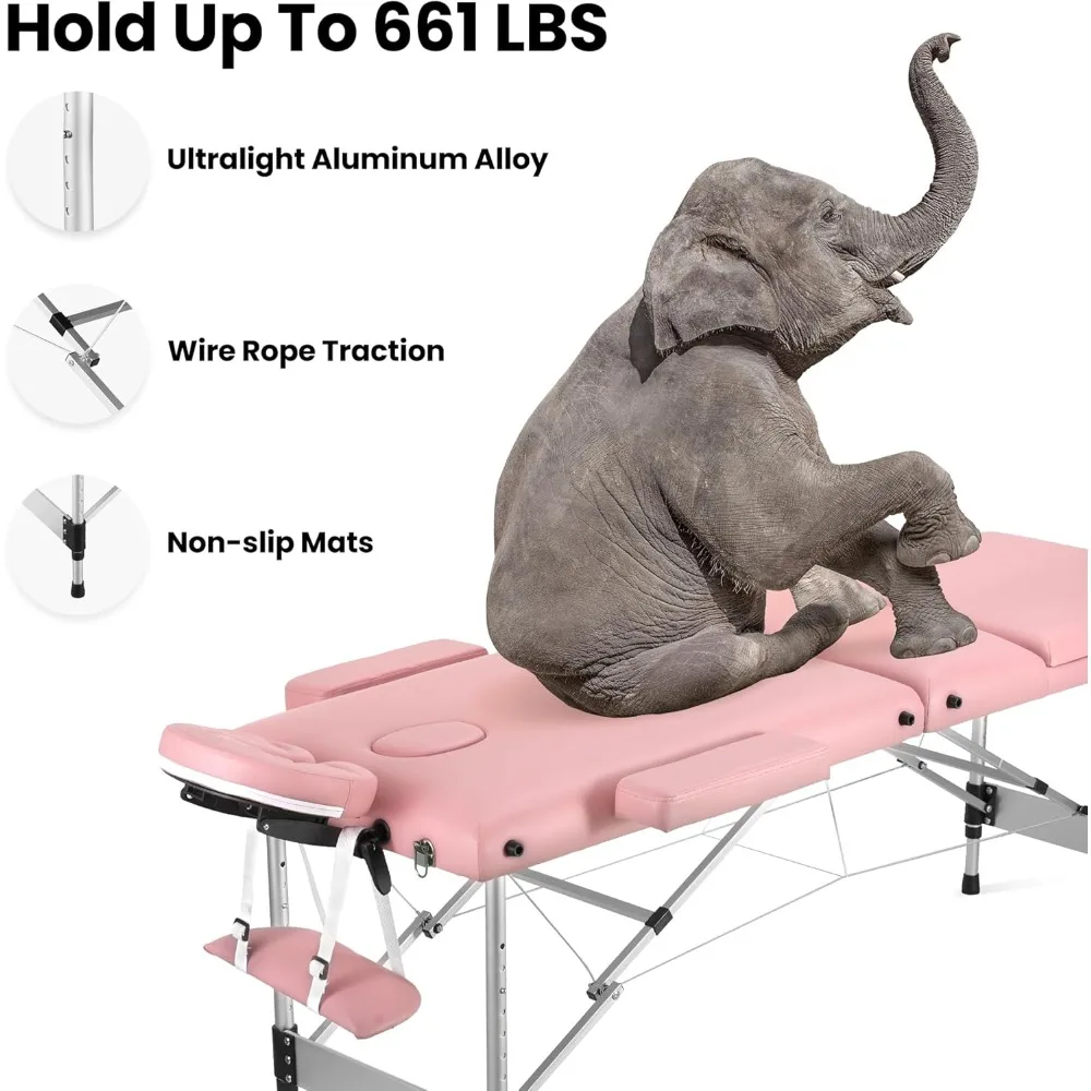 

Portable massage table, height adjustable aluminum massage bed, headrests, armrests