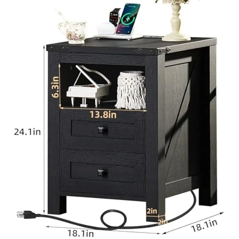 Nightstand with Charging Station and USB Port, Farmhouse Night Stand with 2 Drawers and Shelf Storage