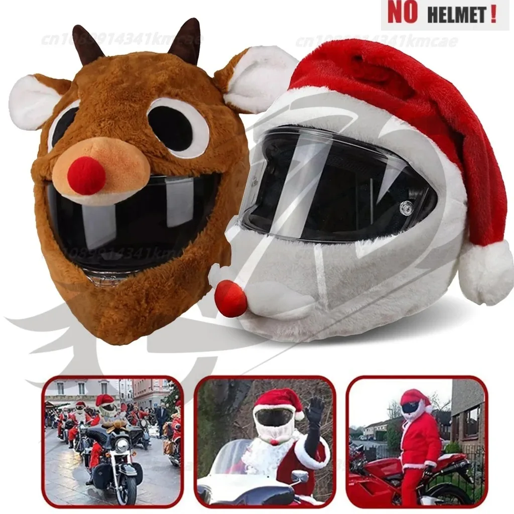 

Универсальный мотоциклетный рождественский чехол для шлема с рисунком лося и Санта-Клауса, пушистый плюшевый чехол для косплея, дизайн для HolidayFun