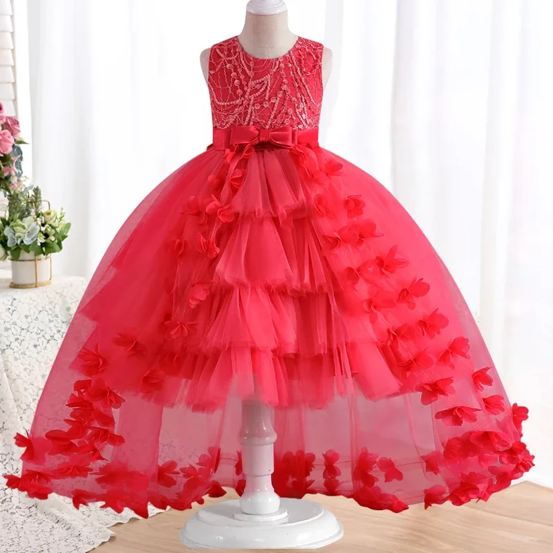 Girls\' lace bow dress 4-12 years old temperament flower sequin trailing princess dress 2023 new carnival party formal dress