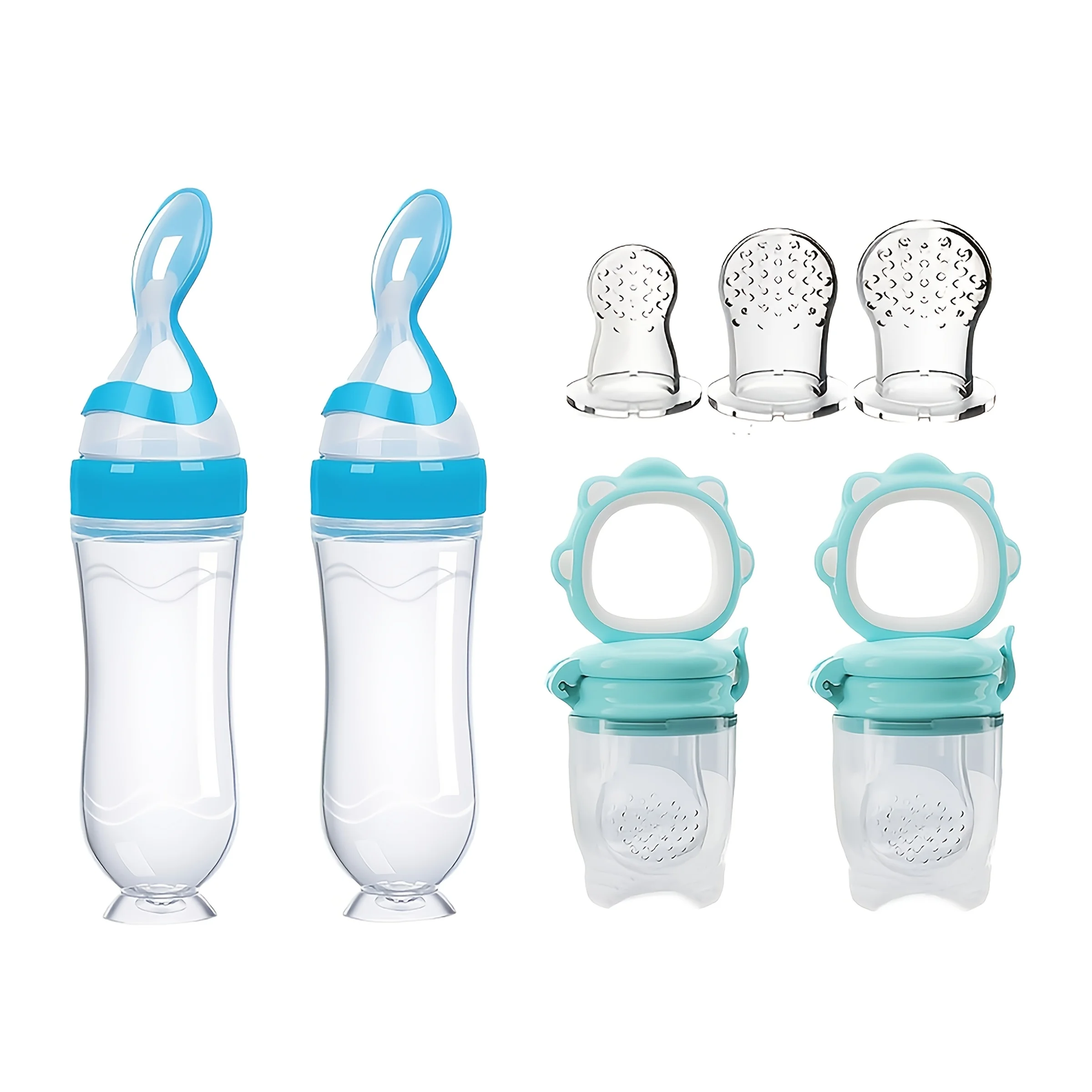 Baby Feeding Set: 2 Silicone Baby Bottle with Spoon for Rice Cereal, 2 Fruit and Vegetable Feeders, 3 Sizes Nipples,All in 1 Set