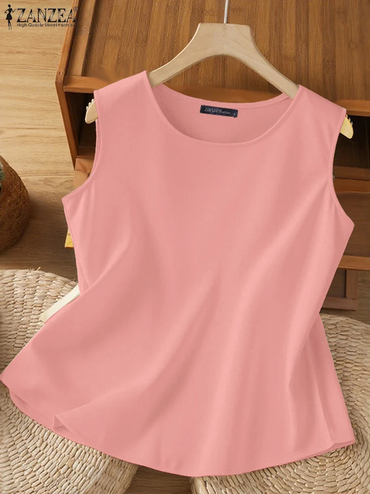 

ZANZEA Summer Sleeveless Cotton Tanks Tops Women Blouses Casual O Neck Loose Holiday Shirt Beach Tunic Solid Tees Mujer Oversize