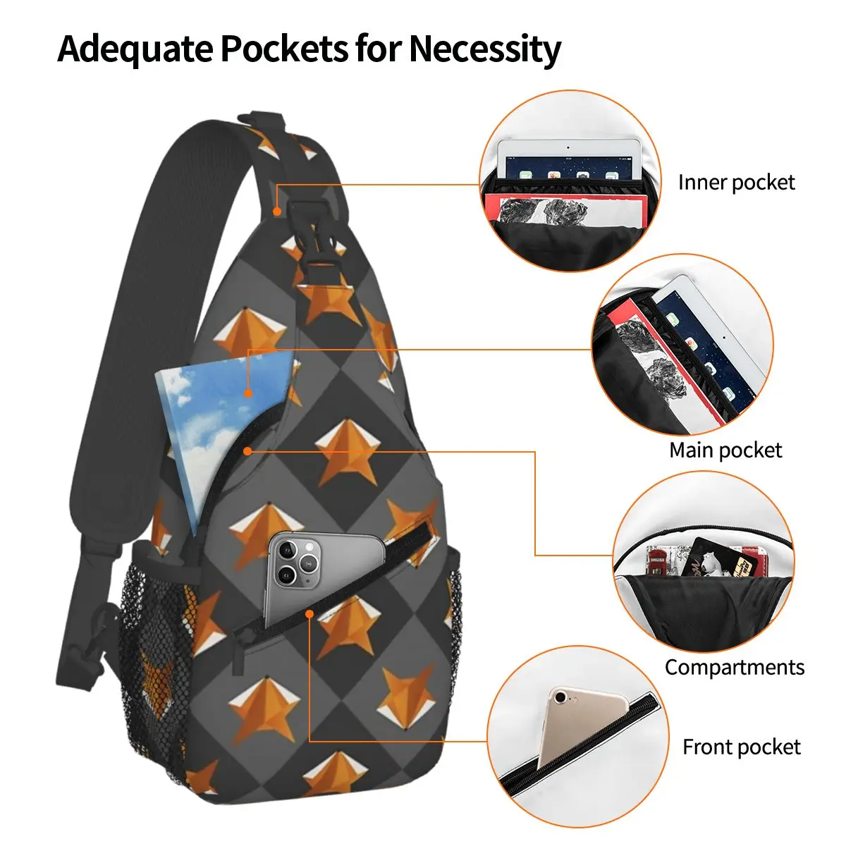Kitsune Geometric Fox Chest Bag Men Sling Crossbody Backpack Chest Bag Travel Hiking Daypack Shoulder Bag