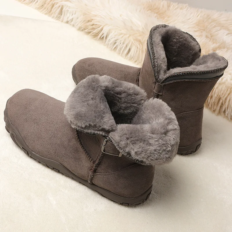 New Women Men Winter Fleece Suede Snow Boots Wide-Head Soft Sole Warm Cotton Shoes Ladies Gents Non-Slip Comfortable Ankle Boots